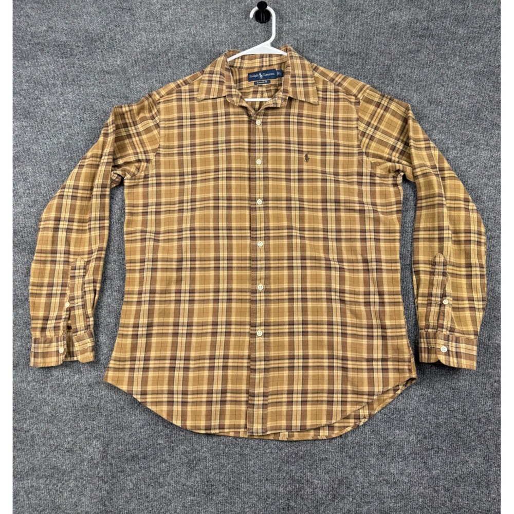 Ralph Lauren‎ Classic Fit Plaid Button Shirt Mens Large Tan Brown Long Sleeve